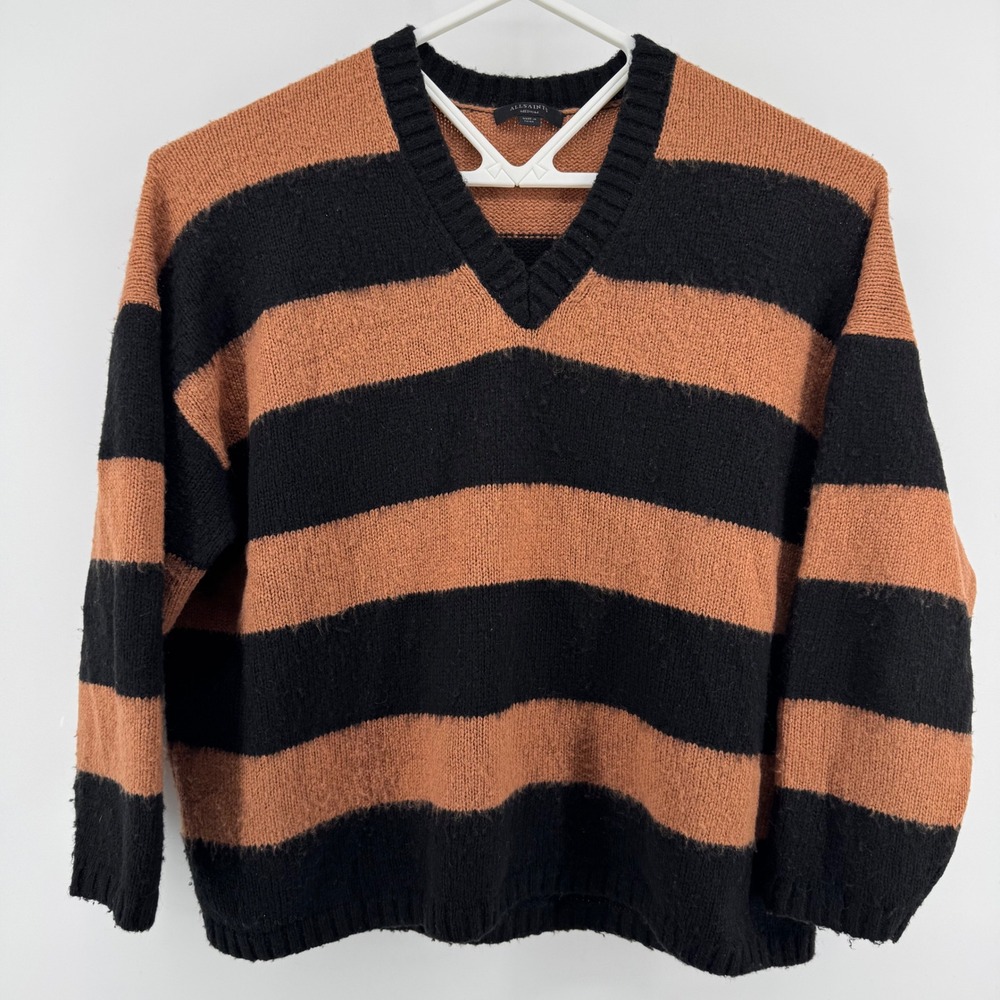 AllSaints Lou V-Neck Sweater Womens Medium Rust Black Striped Wool Blend Relaxed